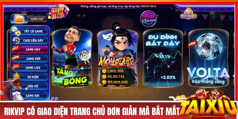 RIKVIP có giao diện trang chủ đơn giản mà bắt mắt