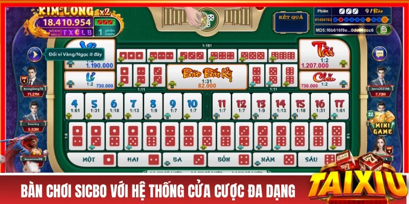 Bàn chơi Sicbo với hệ thống cửa cược đa dạng